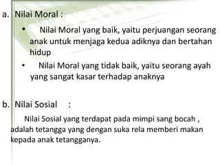 a. Nilai Moral :
• Nilai Moral yang baik, yaitu perjuangan seorang
anak untuk menjaga kedua adiknya dan bertahan
hidup
• Nilai Moral yang tidak baik, yaitu seorang ayah
yang sangat kasar terhadap anaknya
b. Nilai Sosial :
Nilai Sosial yang terdapat pada mimpi sang bocah ,
adalah tetangga yang dengan suka rela memberi makan
kepada anak tetangganya.
 
