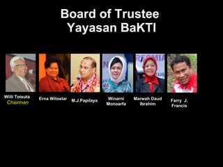 Board of Trustee  Yayasan BaKTI Willi Toisuta  Chairman Erna Witoelar M.J.Papilaya Winarni Monoarfa Marwah Daud Ibrahim Farry  J. Francis 