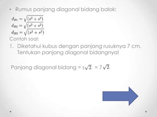 • Rumus panjang diagonal bidang balok:




Contoh soal:
1. Diketahui kubus dengan panjang rusuknya 7 cm.
   Tentukan panjang diagonal bidangnya!

Panjang diagonal bidang = s    =7
 
