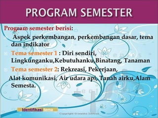 Program semester berisi: 
 Aspek perkembangan, perkembangan dasar, tema dan indikator 
Tema semester 1 : Diri sendiri, Lingkunganku,Kebutuhanku,Binatang, Tanaman 
Tema semester 2: Rekreasi, Pekerjaan, 
Alat komunikasi, Air udara api, Tanah airku,Alam Semesta. 
Identifikasi tema  