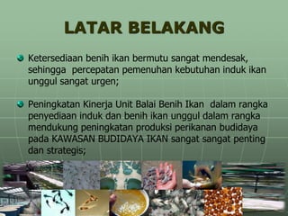LATAR BELAKANG
Ketersediaan benih ikan bermutu sangat mendesak,
sehingga percepatan pemenuhan kebutuhan induk ikan
unggul sangat urgen;
Peningkatan Kinerja Unit Balai Benih Ikan dalam rangka
penyediaan induk dan benih ikan unggul dalam rangka
mendukung peningkatan produksi perikanan budidaya
pada KAWASAN BUDIDAYA IKAN sangat sangat penting
dan strategis;
 