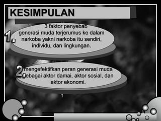 KESIMPULAN
3 faktor penyebab
generasi muda terjerumus ke dalam
narkoba yakni narkoba itu sendiri,
individu, dan lingkungan.
mengefektifkan peran generasi muda
sebagai aktor damai, aktor sosial, dan
aktor ekonomi.
 