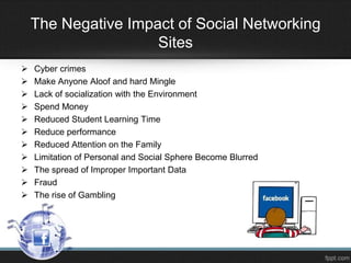 The Negative Impact of Social Networking
Sites












Cyber ​crimes
Make Anyone Aloof and hard Mingle
Lack of socialization with the Environment
Spend Money
Reduced Student Learning Time
Reduce performance
Reduced Attention on the Family
Limitation of Personal and Social Sphere Become Blurred
The spread of Improper Important Data
Fraud
The rise of Gambling

 