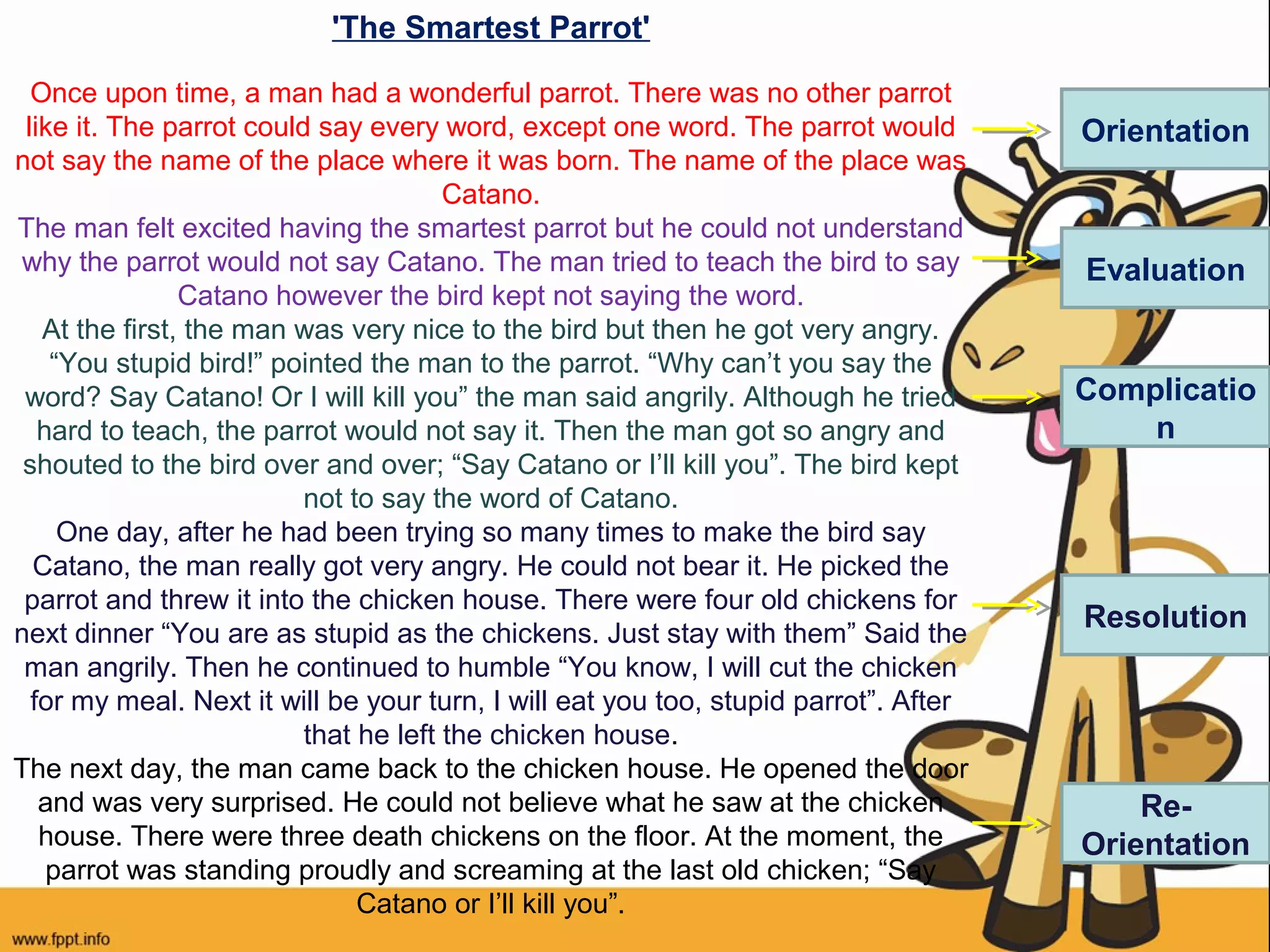 'The Smartest Parrot'
Once upon time, a man had a wonderful parrot. There was no other parrot
like it. The parrot could say every word, except one word. The parrot would
not say the name of the place where it was born. The name of the place was
Catano.
The man felt excited having the smartest parrot but he could not understand
why the parrot would not say Catano. The man tried to teach the bird to say
Catano however the bird kept not saying the word.
At the first, the man was very nice to the bird but then he got very angry.
“You stupid bird!” pointed the man to the parrot. “Why can’t you say the
word? Say Catano! Or I will kill you” the man said angrily. Although he tried
hard to teach, the parrot would not say it. Then the man got so angry and
shouted to the bird over and over; “Say Catano or I’ll kill you”. The bird kept
not to say the word of Catano.
One day, after he had been trying so many times to make the bird say
Catano, the man really got very angry. He could not bear it. He picked the
parrot and threw it into the chicken house. There were four old chickens for
next dinner “You are as stupid as the chickens. Just stay with them” Said the
man angrily. Then he continued to humble “You know, I will cut the chicken
for my meal. Next it will be your turn, I will eat you too, stupid parrot”. After
that he left the chicken house.
The next day, the man came back to the chicken house. He opened the door
and was very surprised. He could not believe what he saw at the chicken
house. There were three death chickens on the floor. At the moment, the
parrot was standing proudly and screaming at the last old chicken; “Say
Catano or I’ll kill you”.

Orientation

Evaluation

Complicatio
n

Resolution

ReOrientation

 
