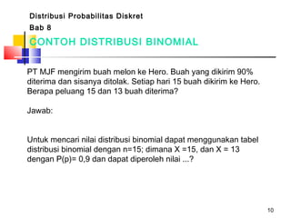 10
CONTOH DISTRIBUSI BINOMIAL
PT MJF mengirim buah melon ke Hero. Buah yang dikirim 90%
diterima dan sisanya ditolak. Setiap hari 15 buah dikirim ke Hero.
Berapa peluang 15 dan 13 buah diterima?
Jawab:
Untuk mencari nilai distribusi binomial dapat menggunakan tabel
distribusi binomial dengan n=15; dimana X =15, dan X = 13
dengan P(p)= 0,9 dan dapat diperoleh nilai ...?
Distribusi Probabilitas Diskret
Bab 8
 
