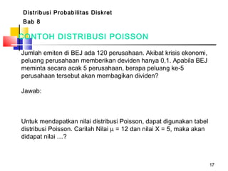 17
CONTOH DISTRIBUSI POISSON
Jumlah emiten di BEJ ada 120 perusahaan. Akibat krisis ekonomi,
peluang perusahaan memberikan deviden hanya 0,1. Apabila BEJ
meminta secara acak 5 perusahaan, berapa peluang ke-5
perusahaan tersebut akan membagikan dividen?
Jawab:
Untuk mendapatkan nilai distribusi Poisson, dapat digunakan tabel
distribusi Poisson. Carilah Nilai µ = 12 dan nilai X = 5, maka akan
didapat nilai …?
Distribusi Probabilitas Diskret
Bab 8
 