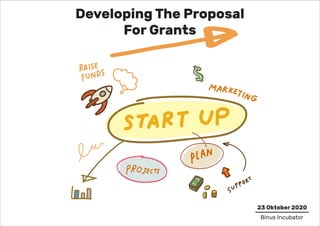 Developing The Proposal
For Grants
23 Oktober 2020
Binus Incubator
 
