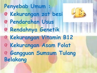 Penyebab Umum :
Kekurangan zat besi
Pendarahan Usus
Rendahnya Genetik
Kekurangan Vitamin B12
Kekurangan Asam Folat
Gangguan Sumsum Tulang
Belakang

 