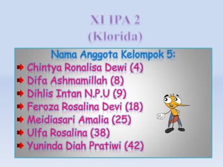 Nama Anggota Kelompok 5:
Chintya Ronalisa Dewi (4)
Difa Ashmamillah (8)
Dihlis Intan N.P.U (9)
Feroza Rosalina Devi (18)
Meidiasari Amalia (25)
Ulfa Rosalina (38)
Yuninda Diah Pratiwi (42)

 