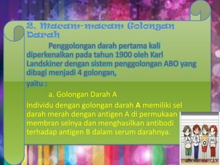 2. Macam-macam Golongan
Darah
Penggolongan darah pertama kali
diperkenalkan pada tahun 1900 oleh Karl
Landskiner dengan sistem penggolongan ABO yang
dibagi menjadi 4 golongan,
yaitu :
a. Golongan Darah A
Individu dengan golongan darah A memiliki sel
darah merah dengan antigen A di permukaan
membran selnya dan menghasilkan antibodi
terhadap antigen B dalam serum darahnya.

 