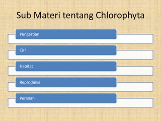 Sub Materi tentang Chlorophyta
Pengertian


Ciri


Habitat


Reproduksi


Peranan
 
