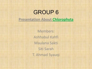 GROUP 6
Presentation About Chlorophyta

           Members:
        Ashhabul Kahfi
        Maulana Sakti
           Siti Sarah
       T. Ahmad Syauqi
 