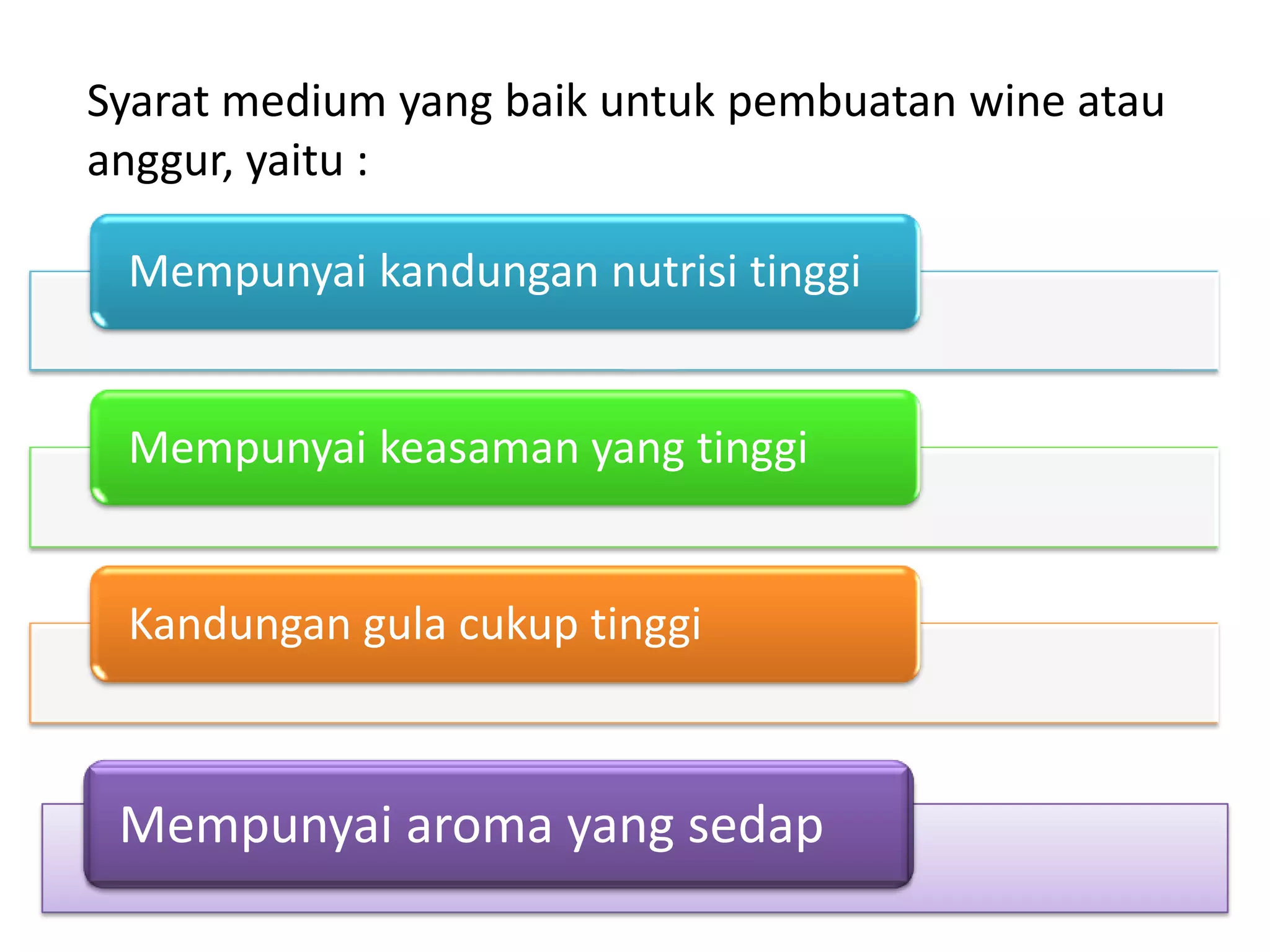 Mempunyai kandungan nutrisi tinggi
Mempunyai keasaman yang tinggi
Kandungan gula cukup tinggi
Mempunyai aroma yang sedap
Syarat medium yang baik untuk pembuatan wine atau
anggur, yaitu :
 