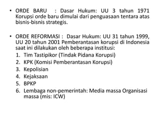SEBAB-SEBAB KORUPSIKelemahankepemimpinandalamposisikunciKelemahanpengajaran agama danetikaKolonialismeKemiskinanTidakadatindakanhukum yang kerasLemahnyadukungandanperilaku anti korupsiStrukturpemerintah (yang tumpangtindihdanposisiganda)Kurang/lemahnyapendidikanPerubahansistemsecararadikalKeadaanmasyarakat (terutamapadamasyarakatvertikalkeatas) 