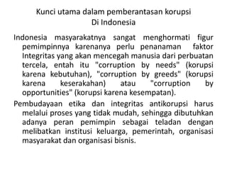 Korupsidi IndonesiaKorupsidi Indonesia berkembangsecarasistemik. Bagibanyakorangkorupsibukanlagimerupakansuatupelanggaranhukum, melainkansekedarsuatukebiasaan. Dalamseluruhpenelitianperbandingankorupsiantarnegara, Indonesia selalumenempatiposisi paling rendah.Perkembangankorupsidi Indonesia jugamendorongpemberantasankorupsidi Indonesia. Namunhinggakinipemberantasankorupsidi Indonesia belummenunjukkantitikterangmelihatperingkat Indonesia dalamperbandingankorupsiantarnegara yang tetaprendah. Hal inijugaditunjukkandaribanyaknyakasus-kasuskorupsidi Indonesia.
