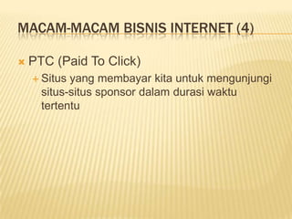 Contoh:Persyaratan Menjadi Pebisnis InternetMampu menggunakan komputer dan internetMemiliki akses internetKreatifMau berusahaMau mengeluarkan modal apabila diperlukanPaham bahwa bisnis internet bukanlah bisnis “kaya mendadak”Mau meluangkan waktu