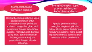 Mempertahankan
perhatian audiens
Berikut beberapa petunjuk yang
dapat digunakan untuk
mempertahankan perhatian
audiens: menghubungkan topik
presentasi dengan kebutuhan
audiens, menggunakan bahasa
yang jelas, dan menjelaskan
hubungan antara tujuan
presentasi dengan ide-ide
pokoknya
Menghubungkan topik
presentasi dengan
kebutuhan audiens
Apabila pembicara dapat
menghubungkan topik atau
pokok pikiran presentasi dengan
kebutuhan audiens, maka dapat
dipastikan bahwa audiens akan
memperhatikan pembicara.
 
