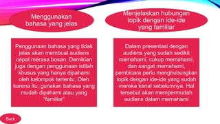 Menggunakan
bahasa yang jelas
Penggunaan bahasa yang tidak
jelas akan membuat audiens
cepat merasa bosan. Demikian
juga dengan penggunaan istilah
khusus yang hanya dipahami
oleh kelompok tertentu. Oleh
karena itu, gunakan bahasa yang
mudah dipahami atau yang
“familiar”
Menjelaskan hubungan
topik dengan ide-ide
yang familiar
Dalam presentasi dengan
audiens yang sudah sedikit
memahami, cukup memahami,
dan sangat memahami,
pembicara perlu menghubungkan
topik dengan ide-ide yang sudah
mereka kenal sebelumnya. Hal
tersebut akan mempermudah
audiens dalam memahami
Back
 