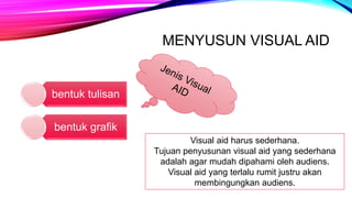 MENYUSUN VISUAL AID
bentuk tulisan
bentuk grafik
Visual aid harus sederhana.
Tujuan penyusunan visual aid yang sederhana
adalah agar mudah dipahami oleh audiens.
Visual aid yang terlalu rumit justru akan
membingungkan audiens.
 