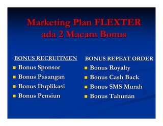 Marketing Plan FLEXTER
     ada 2 Macam Bonus

BONUS RECRUITMEN   BONUS REPEAT ORDER
 Bonus Sponsor      Bonus Royalty
 Bonus Pasangan     Bonus Cash Back
 Bonus Duplikasi    Bonus SMS Murah
 Bonus Pensiun      Bonus Tahunan
 