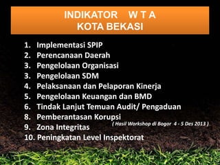 INDIKATOR W T A
KOTA BEKASI
1. Implementasi SPIP
2. Perencanaan Daerah
3. Pengelolaan Organisasi
3. Pengelolaan SDM
4. Pelaksanaan dan Pelaporan Kinerja
5. Pengelolaan Keuangan dan BMD
6. Tindak Lanjut Temuan Audit/ Pengaduan
8. Pemberantasan Korupsi
( Hasil Workshop di Bogor 4 - 5 Des 2013 )
9. Zona Integritas
10. Peningkatan Level Inspektorat

 