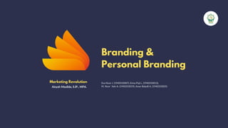 Branding &
Personal Branding
Eva Noor J. (1940310007), Erma Puji L. (1940310013),
M. Noor `Adn A. (1940310019), Amar Baladil A. (1940310025)
Marketing Revolution
Aisyah Maulida, S.IP., MPA.
 