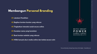 Membangun Personal Branding
#1 Lakukan Penelitian
#2 Bagikan konten-konten yang relevan
#3 Tingkatkan interaksi sosial secara online
#4 Gunakan nama yang konsisten
#5 Buat konten website yang relevan
#6 Miliki banyak akun media online dan kelola secara rutin
Personal Branding: Strategi Gapai Sukses di Era Digital – DewaWeb.com
https://twitter.com/sufisticdesignz/status/1063462801950285825
 