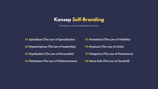 Konsep Self-Branding
#1 Spesialisasi (The Law of Specialization
#2 Kepemimpinan (The law of leadership)
#3 Kepribadian (The Law of Personality)
#4 Perbedaan (The Law of Distinctiveness)
#5 Konsistensi (The Law of Visibility)
#7 Keteguhan (The Law of Persistence)
#6 Kesatuan (The Law of Unity)
#8 Nama baik (The Law of Goodwill)
(The Eight Laws of Personal Branding, Peter Montoya )
 