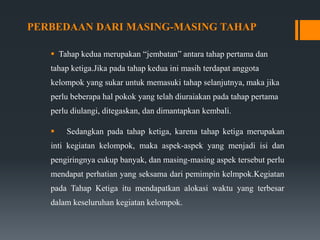 PERBEDAAN DARI MASING-MASING TAHAP
 Tahap kedua merupakan “jembatan” antara tahap pertama dan
tahap ketiga.Jika pada tahap kedua ini masih terdapat anggota
kelompok yang sukar untuk memasuki tahap selanjutnya, maka jika
perlu beberapa hal pokok yang telah diuraiakan pada tahap pertama
perlu diulangi, ditegaskan, dan dimantapkan kembali.
 Sedangkan pada tahap ketiga, karena tahap ketiga merupakan
inti kegiatan kelompok, maka aspek-aspek yang menjadi isi dan
pengiringnya cukup banyak, dan masing-masing aspek tersebut perlu
mendapat perhatian yang seksama dari pemimpin kelmpok.Kegiatan
pada Tahap Ketiga itu mendapatkan alokasi waktu yang terbesar
dalam keseluruhan kegiatan kelompok.
 