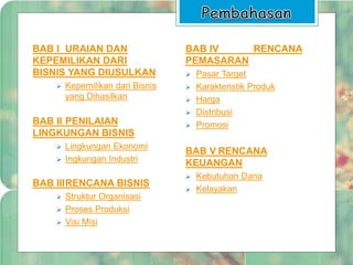 BAB I URAIAN DAN 
KEPEMILIKAN DARI 
BISNIS YANG DIUSULKAN 
 Kepemilikan dari Bisnis 
yang Dihasilkan 
BAB II PENILAIAN 
LINGKUNGAN BISNIS 
 Lingkungan Ekonomi 
 Ingkungan Industri 
BAB IIIRENCANA BISNIS 
 Struktur Organisasi 
 Proses Produksi 
 Visi Misi 
BAB IV RENCANA 
PEMASARAN 
 Pasar Target 
 Karakteristik Produk 
 Harga 
 Distribusi 
 Promosi 
BAB V RENCANA 
KEUANGAN 
 Kebutuhan Dana 
 Kelayakan 
 