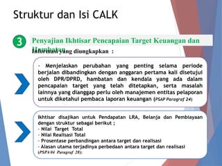 Struktur dan Isi CALK
3 Penyajian Ikhtisar Pencapaian Target Keuangan dan
Hambatan
Informasi yang diungkapkan :
Ikhtisar d...