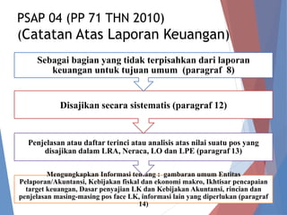 PSAP 04 (PP 71 THN 2010)
(Catatan Atas Laporan Keuangan)
Mengungkapkan Informasi tentang : gambaran umum Entitas
Pelaporan...