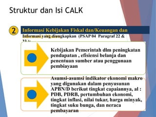 Struktur dan Isi CALK
2 Informasi Kebijakan Fiskal dan/Keuangan dan
Ekonomi Makro
Informasi yang diungkapkan (PSAP 04 Para...