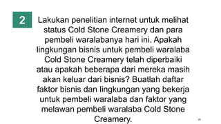 26
Lakukan penelitian internet untuk melihat
status Cold Stone Creamery dan para
pembeli waralabanya hari ini. Apakah
lingkungan bisnis untuk pembeli waralaba
Cold Stone Creamery telah diperbaiki
atau apakah beberapa dari mereka masih
akan keluar dari bisnis? Buatlah daftar
faktor bisnis dan lingkungan yang bekerja
untuk pembeli waralaba dan faktor yang
melawan pembeli waralaba Cold Stone
Creamery.
2
 