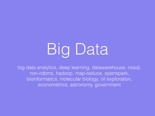 Big Data
big data analytics, deep learning, datawarehouse, nosql,
non-rdbms, hadoop, map-reduce, openspark,
bioinformatics, molecular biology, oil exploration,
econometrics, astronomy, government
 