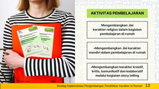 AKTIVITAS PEMBELAJARAN
Mengembangkan nilai
karakter religius dalam kegiatan
pembelajaran di rumah
•Mengembangkan nilai karakter
mandiri dalam pembelajaran di rumah
•Mengembangkan karakter kreatif,
kritis, komunikatif dan kolaboratif
melalui kegiatan story telling
13Strategi Implementasi Pengembangan Pendidikan Karakter di Rumah
 
