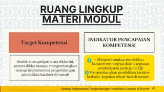 RUANG LINGKUP
MATERI MODUL
Target Kompetensi
Setelah mempelajari mata diklat ini,
peserta diklat mampu mengembangkan
strategi implementasi pengembangan
pendidikan karakter di rumah
INDIKATOR PENCAPAIAN
KOMPETENSI
• Mengembangkan pendidikan
karakter terintegrasi dalam kegiatan
pembelajaran jarak jauh (PJJ)
2. Mengembangkan pendidikan karakter
berbasis kegiatan sehari-hari di rumah
4Strategi Implementasi Pengembangan Pendidikan Karakter di Rumah
 