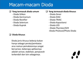 Macam-macam Dioda
 Yang termasuk dioda umum
- Dioda Silikon
- Dioda Germanium
- Dioda Rectifier
- Dioda Selenium
- Dioda Kuprok
 Dioda khusus
Dioda jenis khusus bekerja bukan
hanya sebagai perata/pembatas
arus namun pemakaiannya sangat
bervariasi, beberapa aplikasinya
adalah sensor, stabilizer, penyearah
terkendali dan lain sebagainya.
 Yang termasuk dioda khusus
- Dioda Zener
- Dioda DIAC
- Dioda TRIAC
- Dioda Kapasitansi
- Dioda LED
- Dioda Thyristor/SCR
-Dioda Photosel/Photo Dioda
 