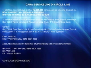CARA BERGABUNG DI CIRCLE LINE
1. Silahkan transfer biaya aktifasi Rp.295.000 per account ke rekening dibawah ini :
BCA 1406688977 An. ANITA NUR HASANAH
BRI 0555-01-004139-53-5 An. MISBAHUS SURUR
2. Silahkan kirimkan SMS Konfirmasi transfer dan biodata anda, berikut formatnya :
Reg CLS # Nama Lengkap # Alamat Lengkap # No.HP # Email # Data Bank
Contoh :
Reg CLS # Roni Syahroni # Jl.Urip Sumoharjo No.22 Kota Surabaya Jawa Timur #
085222999111 # roni@gmail.com # BCA 1131212131 Roni Syahroni
Kirim SMS ke :
085 777 607 666 atau 0818 0304 1666
Account anda akan aktif maksimal 24 jam setelah pembayaran terkonfirmasi.
HP: 085 777 607 666 atau 0818 0304 1666
BB:7A591A64
FB : Misbah Abakha
GO SUCCESS GO FREEDOM
 
