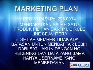REGISTRASI Rp. 295.000,-
MENDAPATKAN SALAH SATU
PRODUK PILIHAN DARI PT. CIRCLE
LINE SEJAHTERA
SETIAP MEMBER TIDAK ADA
BATASAN UNTUK MENDAFTAR LEBIH
DARI SATU AKUN DENGAN NO
REKENING DAN DATA YANG SAMA
HANYA USERNAME YANG
MEMBEDAKAN
 