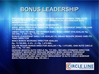  PERUSHAAN SANGAT MENGHARGAI BAGI MEMBER-MEMBER YANG AKTIF
KARENA MEMBER YANG AKTIF IKUT MEMBERIKAN KESUKSESAN BAGI
MEMBER PASIF
CONTOH PERHITUNGAN BONUS LEADERSHIP:
• MISAL ANDA PERINGKAT DIRECTOR DAN JUMLAH PERINGKAT DIRECTOR HARI
ITU BARU DUA ORANG
• OMSET HARI ITU MISAL 250 MEMBER BARU MAKA OMSET NYA ADALAH Rp.
295.000,- X 250 = Rp. 73.750.000,-
• BONUS LEADERSHIP DIRECTOR ADALAH 4% DIBAGI BERAPA ORANG HARI ITU
YANG DIRECTOR
• MAKA BONUS SEORANG DIRECTOR ADALAH:
• Rp. 73.750.000,- X 4% : 2 = Rp. 1.475.000,-
• DALAM SEHARI BONUS DIRECTOR ADALAH = Rp. 1.475.000,- DAN AUTO CIRCLE
50% = Rp. 737.500,-
• DENGAN ADANYA AUTO CIRCLE Rp. 737.500,- SECARA OTOMATIS DIRECTOR
TRESEBUT MENDAFTAR MENJADI MEMBER BARU DENGAN PERINGKAT
MEMBER BIASA SETIAP HARI BERTURUT-TURUT SELAMA 2 HARI DAN
SETERUSNYA SELAMA ADA SALDO MENGENDAP DI AUTO CIRCLE SEBESAR
BIAYA PENDAFTARAN (Rp. 295.000,-)
 