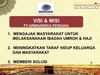 1. MENGAJAK MASYARAKAT UNTUK
MELAKSANAKAN IBADAH UMROH & HAJI
2. MENINGKATKAN TARAF HIDUP KELUARGA
DAN MASYARAKAT
3. MEMBERI SOLUSI
VISI & MISI
PT ARMINAREKA PERDANA
 