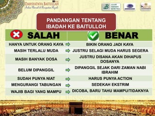HANYA UNTUK ORANG KAYA BIKIN ORANG JADI KAYA
MASIH TERLALU MUDA JUSTRU SELAGI MUDA HARUS SEGERA
MASIH BANYAK DOSA
JUSTRU DISANA AKAN DIHAPUS
DOSANYA
BELUM DIPANGGIL
DIPANGGIL SEJAK DARI ZAMAN NABI
IBRAHIM
SUDAH PUNYA NIAT HARUS PUNYA ACTION
MENGURANGI TABUNGAN SEDEKAH EKSTRIM
WAJIB BAGI YANG MAMPU DICOBA, BARU TAHU MAMPU/TIDAKNYA
SALAH BENAR
PANDANGAN TENTANG
IBADAH KE BAITULLOH
 