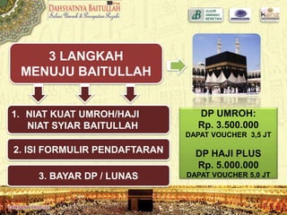 DP UMROH:
Rp. 3.500.000
DAPAT VOUCHER 3,5 JT
DP HAJI PLUS
Rp. 5.000.000
DAPAT VOUCHER 5,0 JT
3 LANGKAH
MENUJU BAITULLAH
1. NIAT KUAT UMROH/HAJI
NIAT SYIAR BAITULLAH
2. ISI FORMULIR PENDAFTARAN
3. BAYAR DP / LUNAS
 