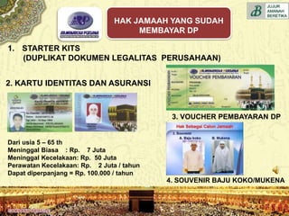 4. SOUVENIR BAJU KOKO/MUKENA
Dari usia 5 – 65 th
Meninggal Biasa : Rp. 7 Juta
Meninggal Kecelakaan: Rp. 50 Juta
Perawatan Kecelakaan: Rp. 2 Juta / tahun
Dapat diperpanjang = Rp. 100.000 / tahun
1. STARTER KITS
(DUPLIKAT DOKUMEN LEGALITAS PERUSAHAAN)
2. KARTU IDENTITAS DAN ASURANSI
3. VOUCHER PEMBAYARAN DP
HAK JAMAAH YANG SUDAH
MEMBAYAR DP
 