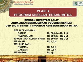 TERJADI MUSIBAH :
BANJIR Rp 500 rb – Rp 2 Jt
KEBAKARAN Rp 500 rb – Rp 2 Jt
RAWAT INAP RUMAH SAKIT Rp 500 rb – Rp 2 Jt
MENIKAH Rp 1,5 jt
MELAHIRKAN :
NORMAL Rp 1,5 jt
CAESAR Rp 2,5 jt
MENINGGAL Rp 1jt
DENGAN INVESTASI 2,5 JT
ANDA AKAN MENDAPATKAN VOUCHER SENILAI
USD 350 & BENEFIT PROGRAM KESEJAHTERAAN MITRA
PLAN B
PROGRAM KESEJAHTERAAN MITRA
 