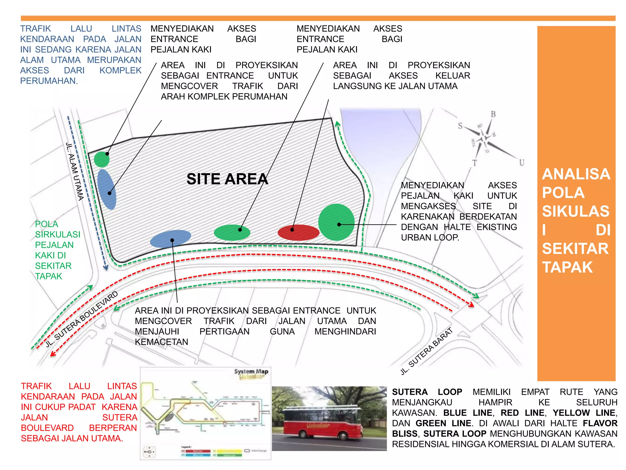 ANALISA
POLA
SIKULAS
I DI
SEKITAR
TAPAK
SITE AREA
TRAFIK LALU LINTAS
KENDARAAN PADA JALAN
INI CUKUP PADAT KARENA
JALAN SUTERA
BOULEVARD BERPERAN
SEBAGAI JALAN UTAMA.
TRAFIK LALU LINTAS
KENDARAAN PADA JALAN
INI SEDANG KARENA JALAN
ALAM UTAMA MERUPAKAN
AKSES DARI KOMPLEK
PERUMAHAN.
SUTERA LOOP MEMILIKI EMPAT RUTE YANG
MENJANGKAU HAMPIR KE SELURUH
KAWASAN. BLUE LINE, RED LINE, YELLOW LINE,
DAN GREEN LINE. DI AWALI DARI HALTE FLAVOR
BLISS, SUTERA LOOP MENGHUBUNGKAN KAWASAN
RESIDENSIAL HINGGA KOMERSIAL DI ALAM SUTERA.
MENYEDIAKAN AKSES
ENTRANCE BAGI
PEJALAN KAKI
AREA INI DI PROYEKSIKAN
SEBAGAI ENTRANCE UNTUK
MENGCOVER TRAFIK DARI
ARAH KOMPLEK PERUMAHAN
POLA
SIRKULASI
PEJALAN
KAKI DI
SEKITAR
TAPAK
AREA INI DI PROYEKSIKAN SEBAGAI ENTRANCE UNTUK
MENGCOVER TRAFIK DARI JALAN UTAMA DAN
MENJAUHI PERTIGAAN GUNA MENGHINDARI
KEMACETAN
AREA INI DI PROYEKSIKAN
SEBAGAI AKSES KELUAR
LANGSUNG KE JALAN UTAMA
MENYEDIAKAN AKSES
PEJALAN KAKI UNTUK
MENGAKSES SITE DI
KARENAKAN BERDEKATAN
DENGAN HALTE EKISTING
URBAN LOOP.
MENYEDIAKAN AKSES
ENTRANCE BAGI
PEJALAN KAKI
 