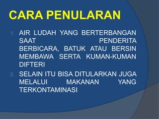 CARA PENULARAN
1. AIR LUDAH YANG BERTERBANGAN
   SAAT                  PENDERITA
   BERBICARA, BATUK ATAU BERSIN
   MEMBAWA SERTA KUMAN-KUMAN
   DIFTERI
2. SELAIN ITU BISA DITULARKAN JUGA
   MELALUI       MAKANAN      YANG
   TERKONTAMINASI
 