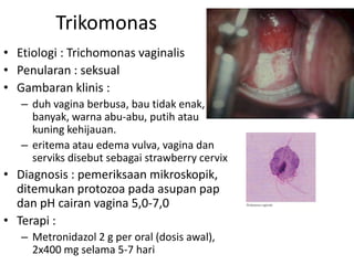 Trikomonas
• Etiologi : Trichomonas vaginalis
• Penularan : seksual
• Gambaran klinis :
– duh vagina berbusa, bau tidak enak,
banyak, warna abu-abu, putih atau
kuning kehijauan.
– eritema atau edema vulva, vagina dan
serviks disebut sebagai strawberry cervix
• Diagnosis : pemeriksaan mikroskopik,
ditemukan protozoa pada asupan pap
dan pH cairan vagina 5,0-7,0
• Terapi :
– Metronidazol 2 g per oral (dosis awal),
2x400 mg selama 5-7 hari
 