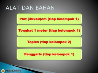 Toples (tiap kelompok 2)
Penggaris (tiap kelompok 1)
Tongkat 1 meter (tiap kelompok 1)
Plot (40x40)cm (tiap kelompok 1)
 